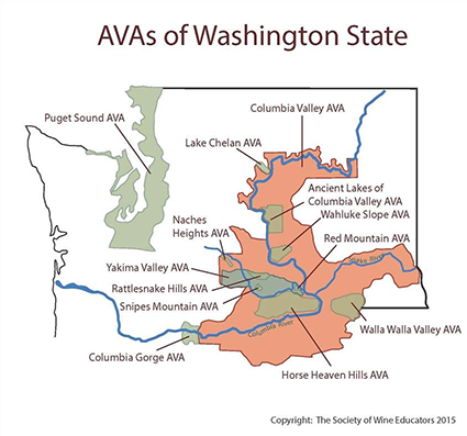 carte des régions viticoles dans l'Etat de Washington